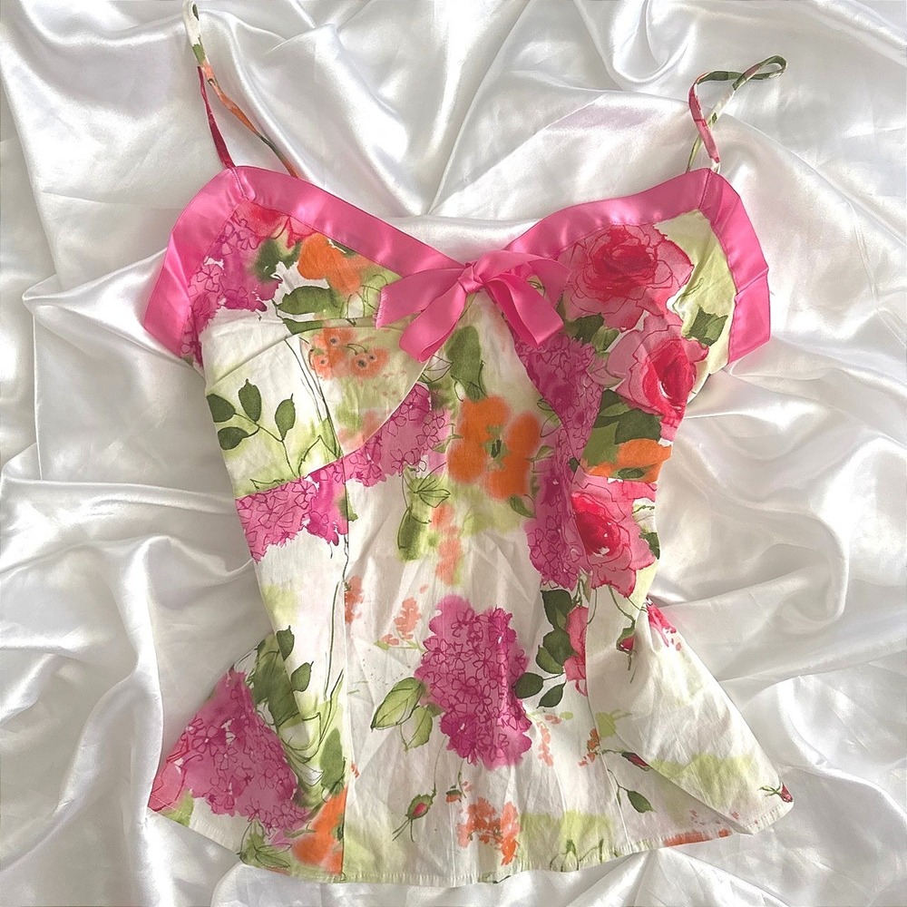 Studio Y Floral Pink Satin Trim Cami Top Bow Y2K Coquette Large T7734-42MMK